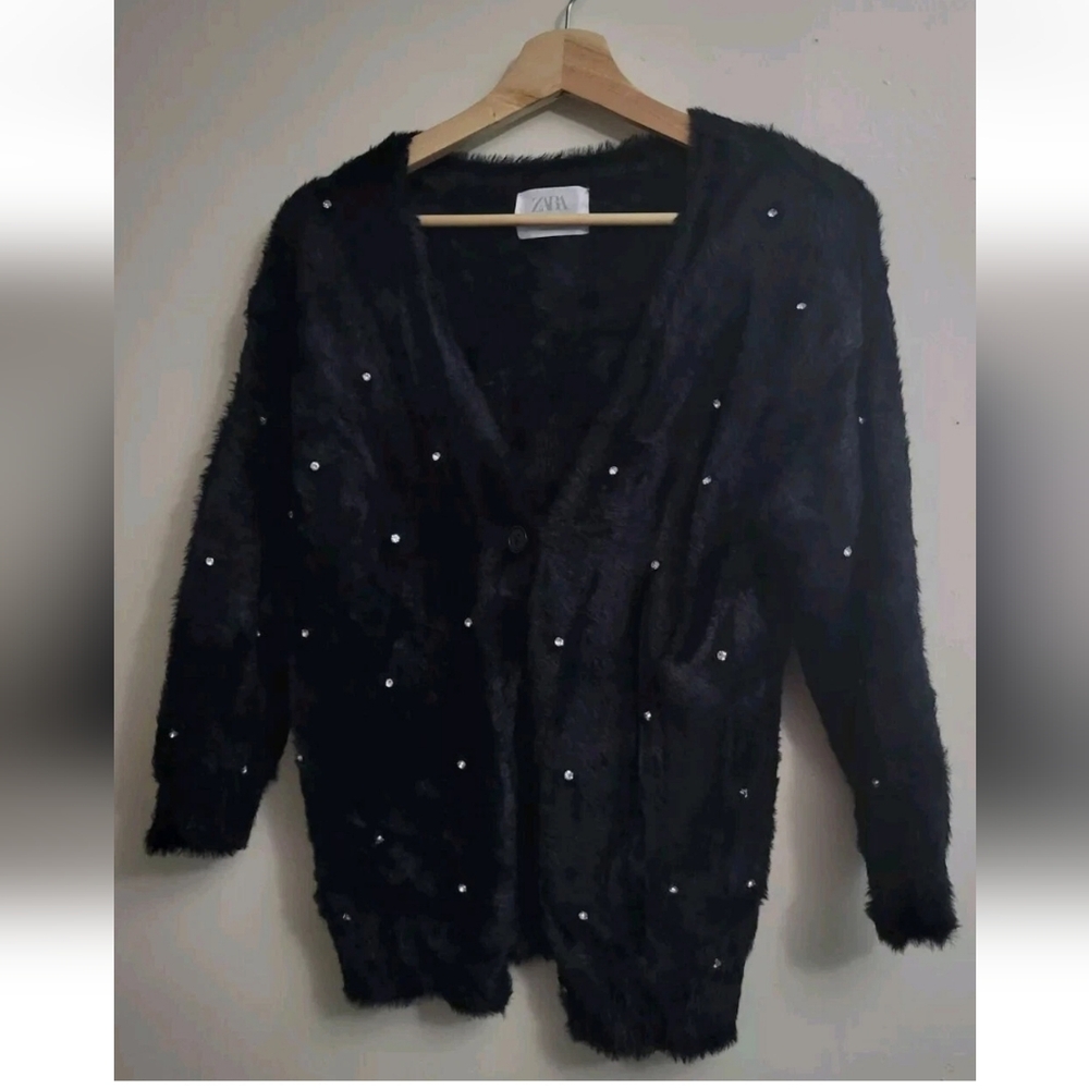 ZARA Winter Collection Girls Faux Fur Black Cardigan Sweater 9-10 Yr Rhinestones